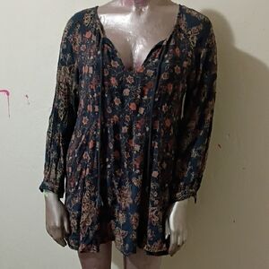 Free People Navy and Rust Floral Blouse